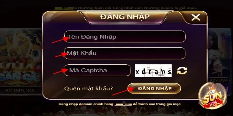 Hình ảnh minh họa các bước điền thông tin vào form đăng nhập trên máy tính
